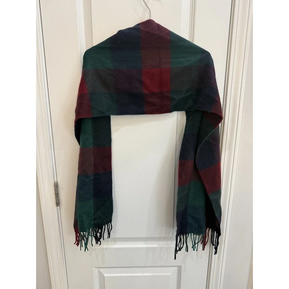 Nordstrom Red Blue Plaid Scarf 100% Cashmere 12x64 Fringe Made in Germany